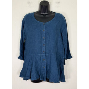 Lisa Bayne Linen Tunic Shirt Top Blue Artsy Lagenlook XS